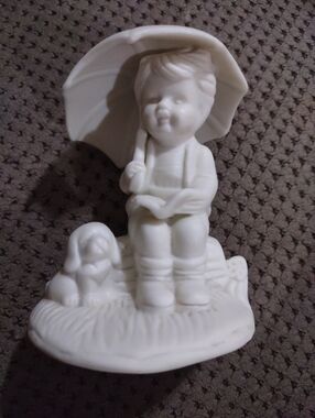 Boy Child With Umbrella, Book,& Dog Bisque Figurine by Jade Collection EUC
